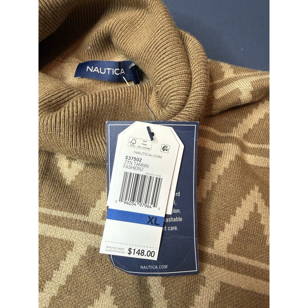 Nautica Men's Tan/Cream Geometric Mock Neck Knit Pullover Sweater XL $148 retail - Picture 2 of 6
